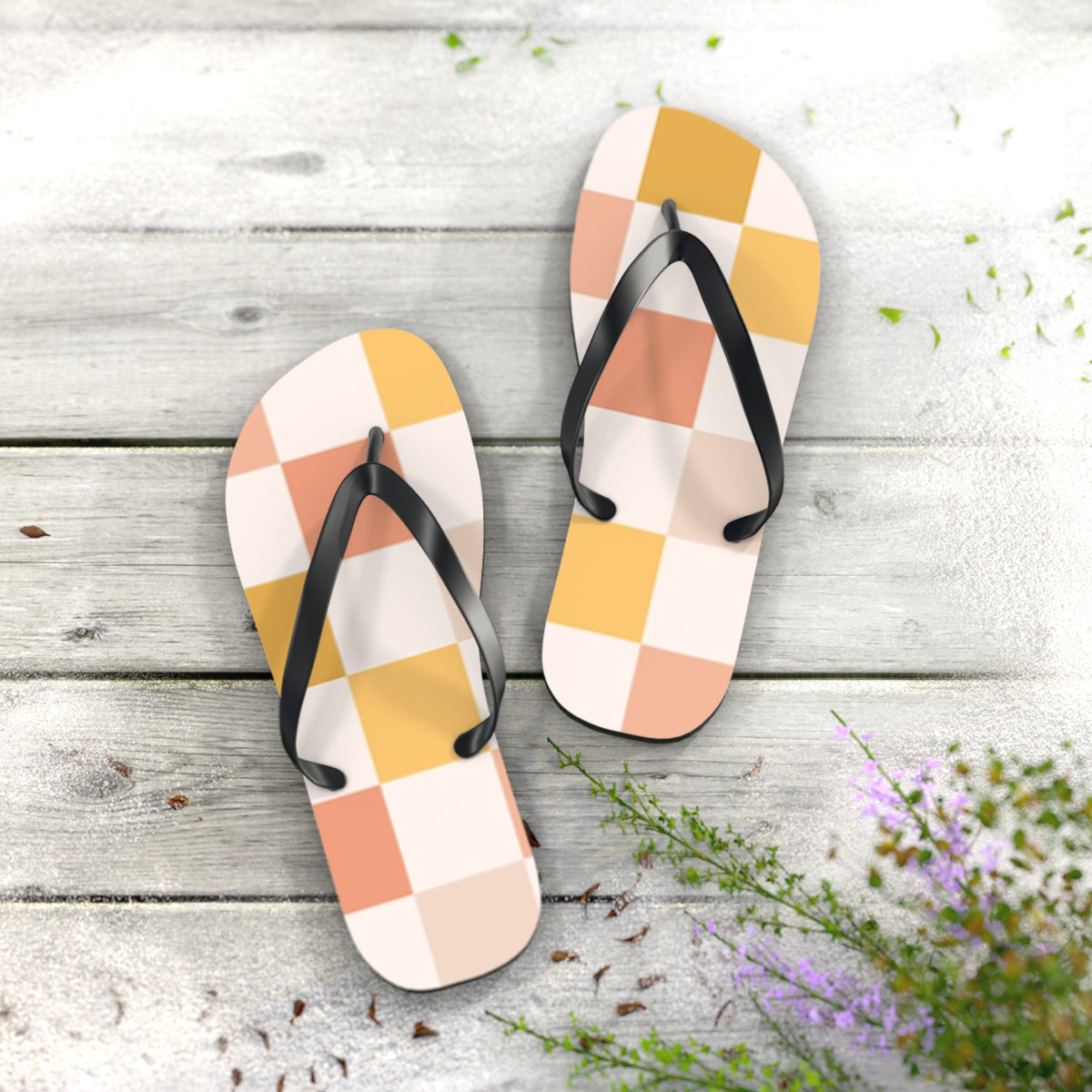 Peach Checkered Sandals, Beach Shoes, Vacation Flip Flops, Pool Slides
