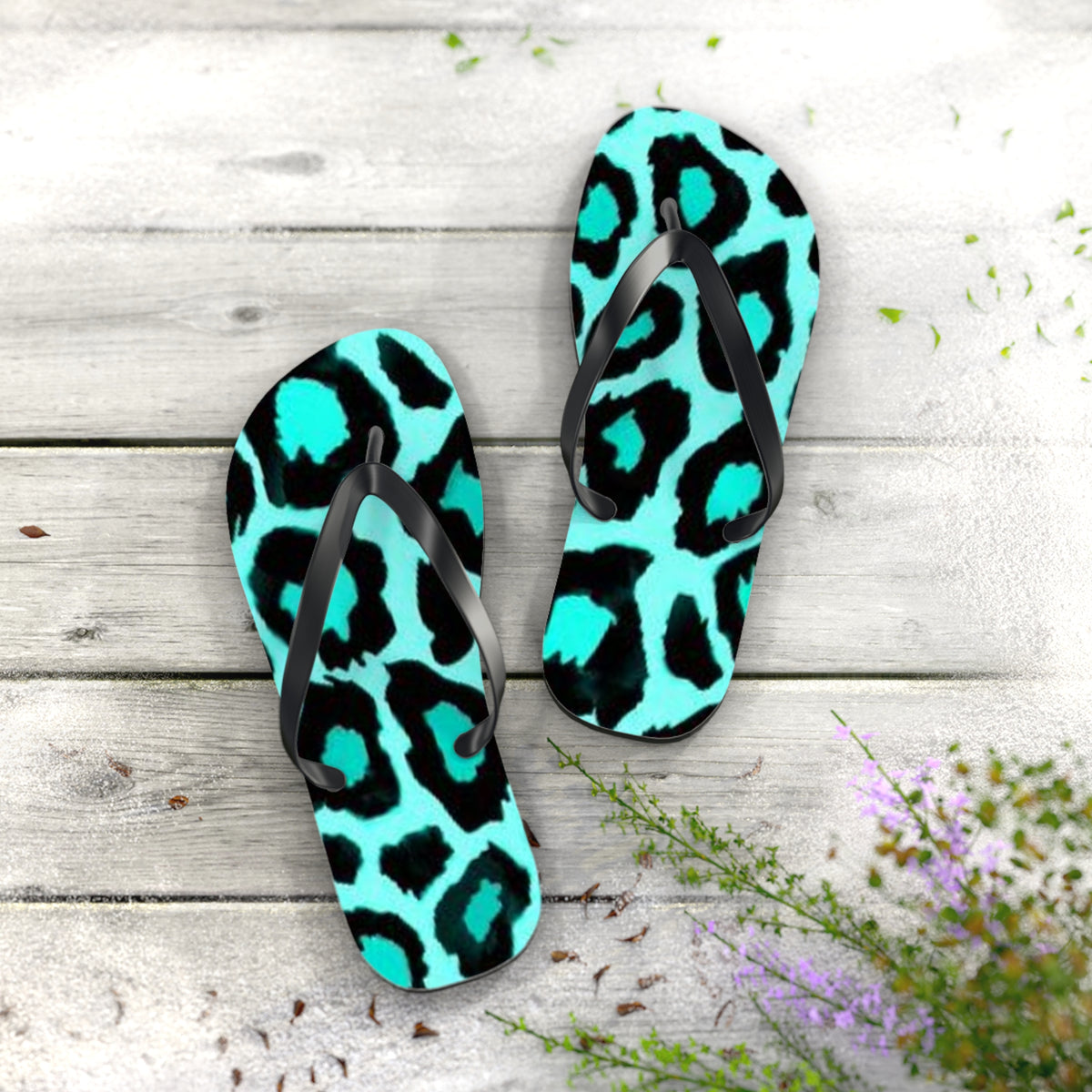Turquoise Cheetah Beach Sandals, Slides for Summer, Flip Flops, Water Resistant
