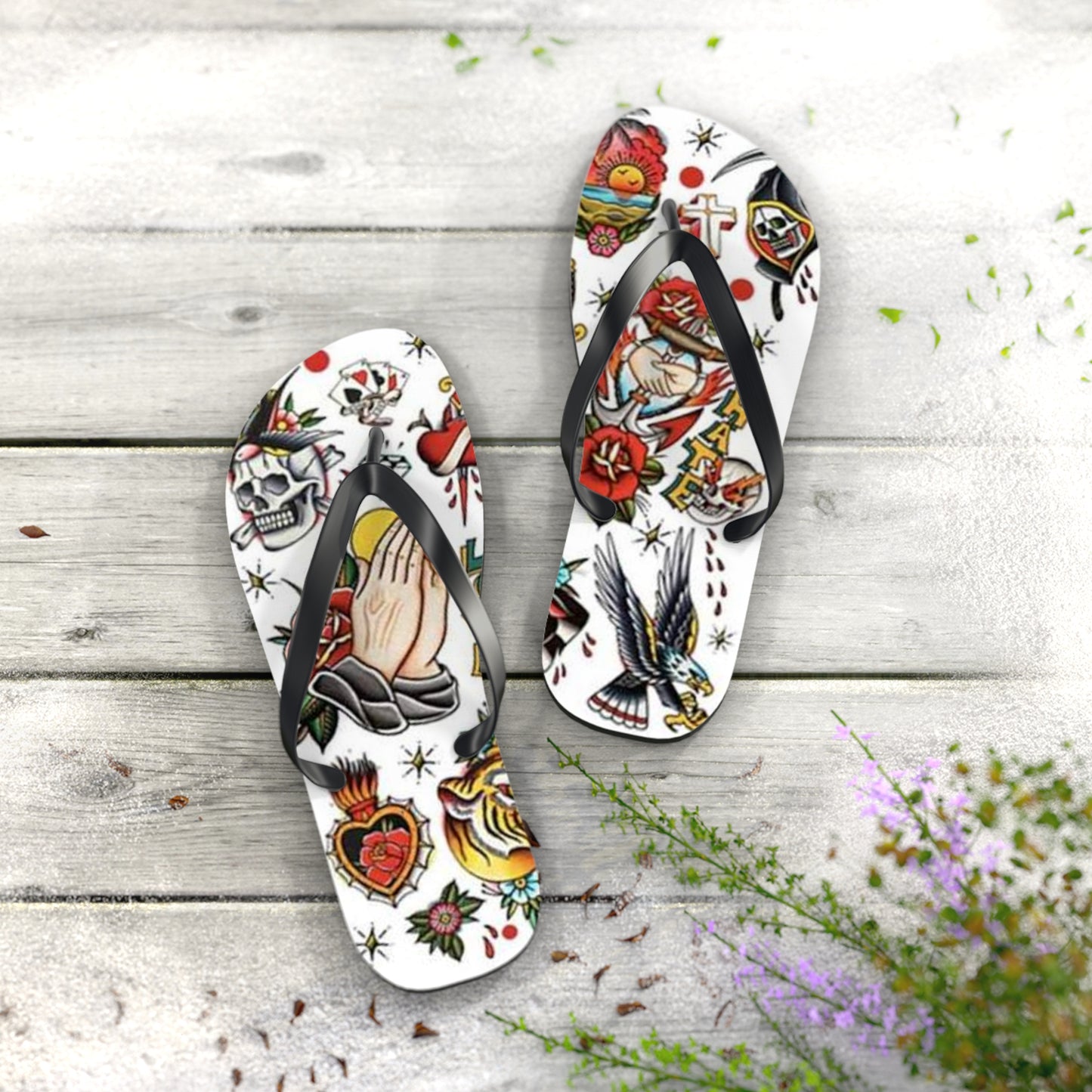 Sailor Jerry Navy Tattoos Sandals, Beach Shoes, Vacation Flip Flops, Pool Slides