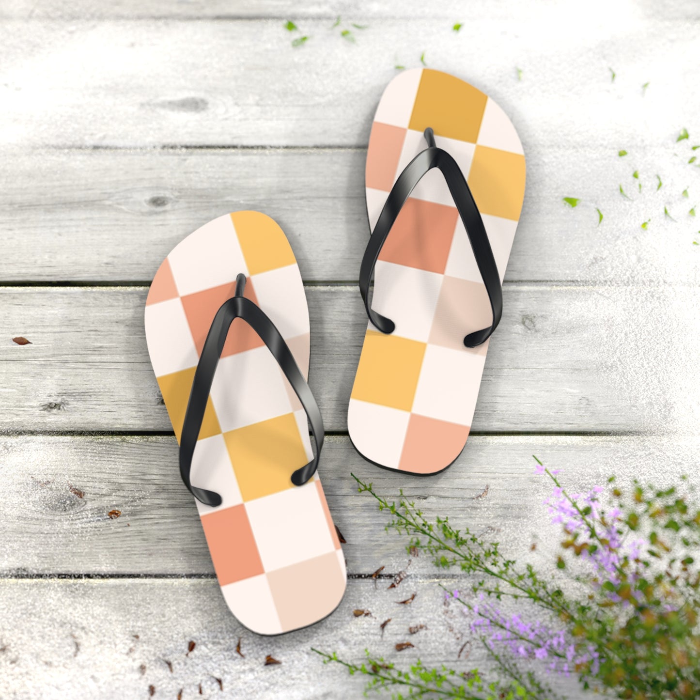 Peach Checkered Sandals, Beach Shoes, Vacation Flip Flops, Pool Slides