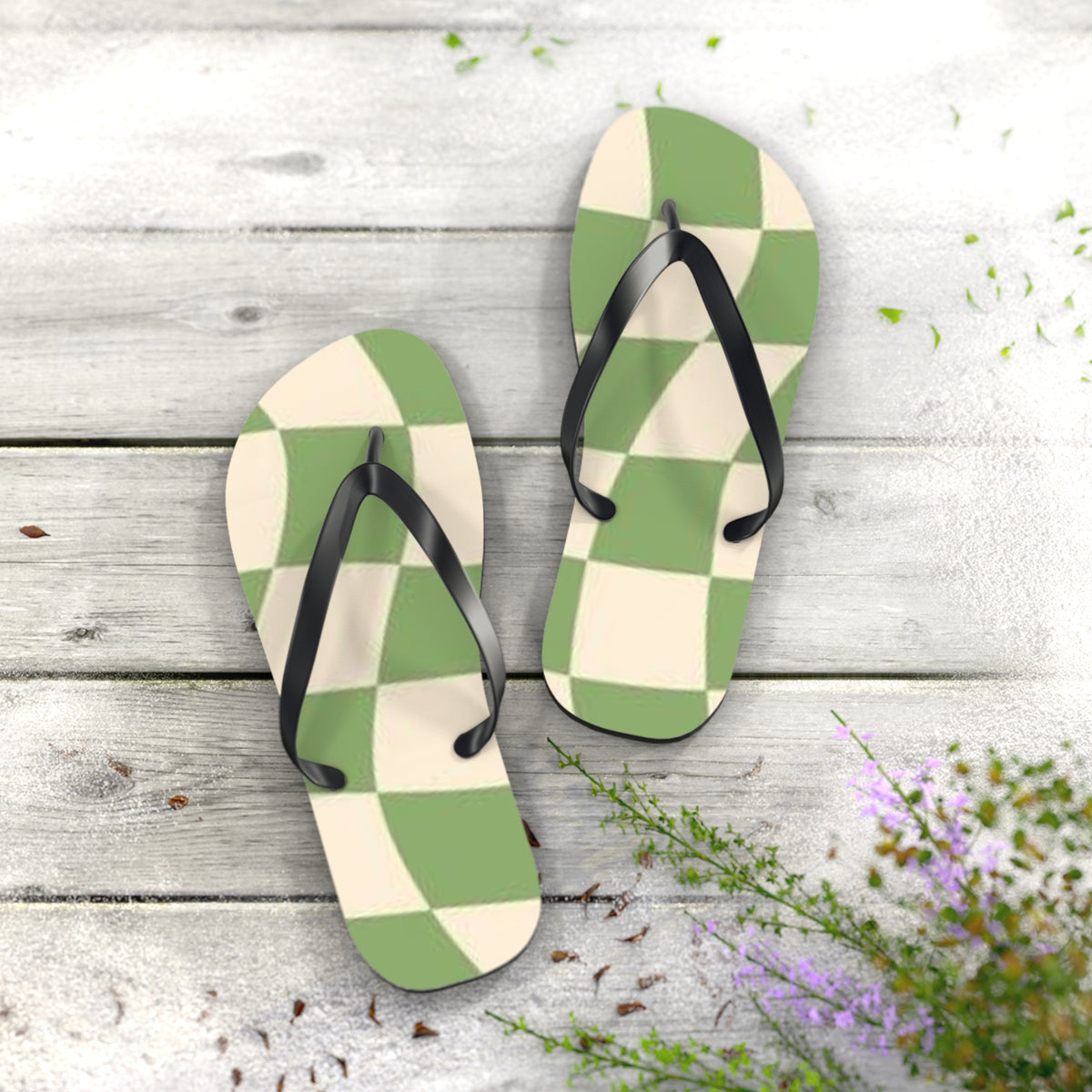 Checkered Wavy Green Sandals, Beach Shoes, Vacation Flip Flops, Pool Slides