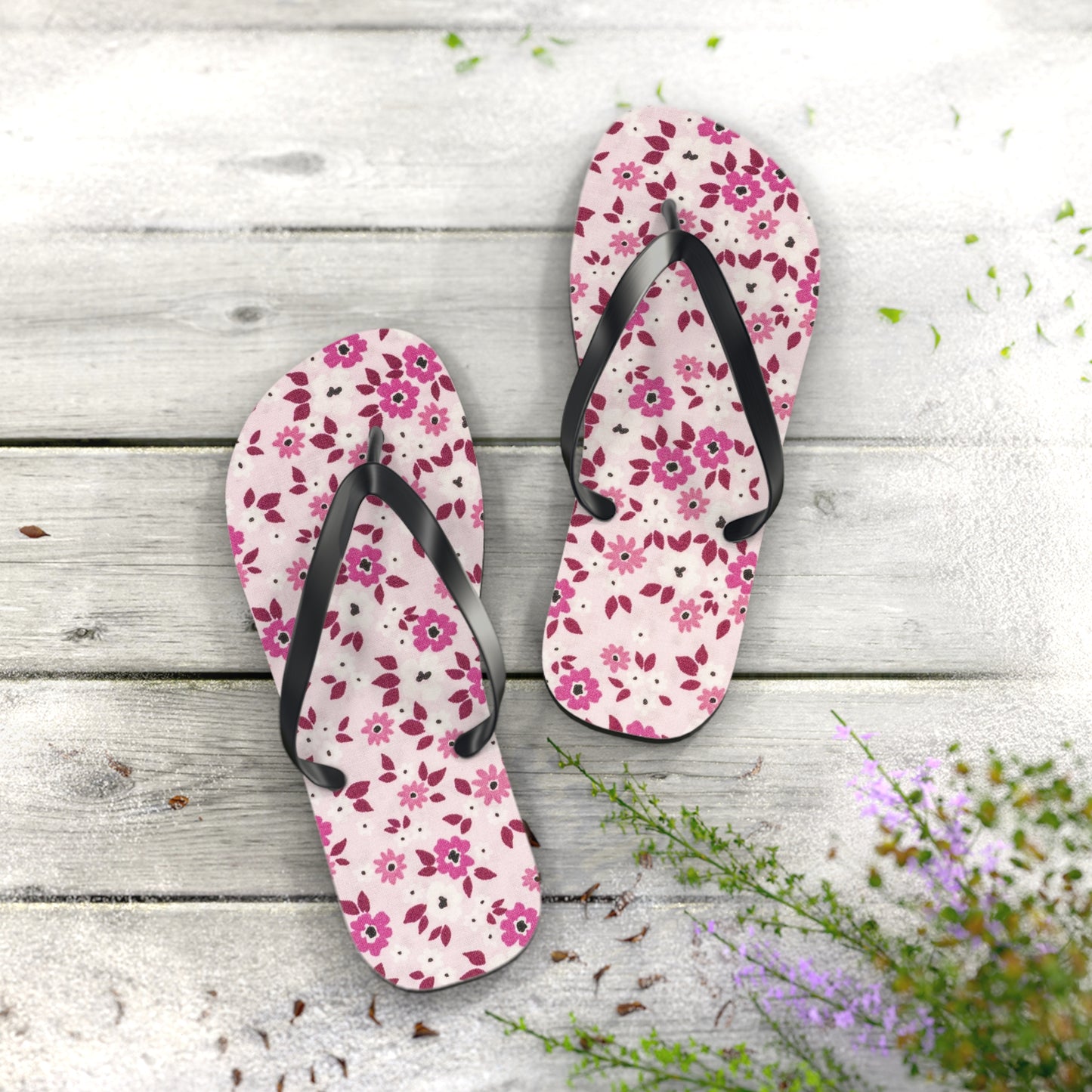 Waves And Sun Sandals Red And Pink Flowers Summer Flip Flops Slides BRAND NEW