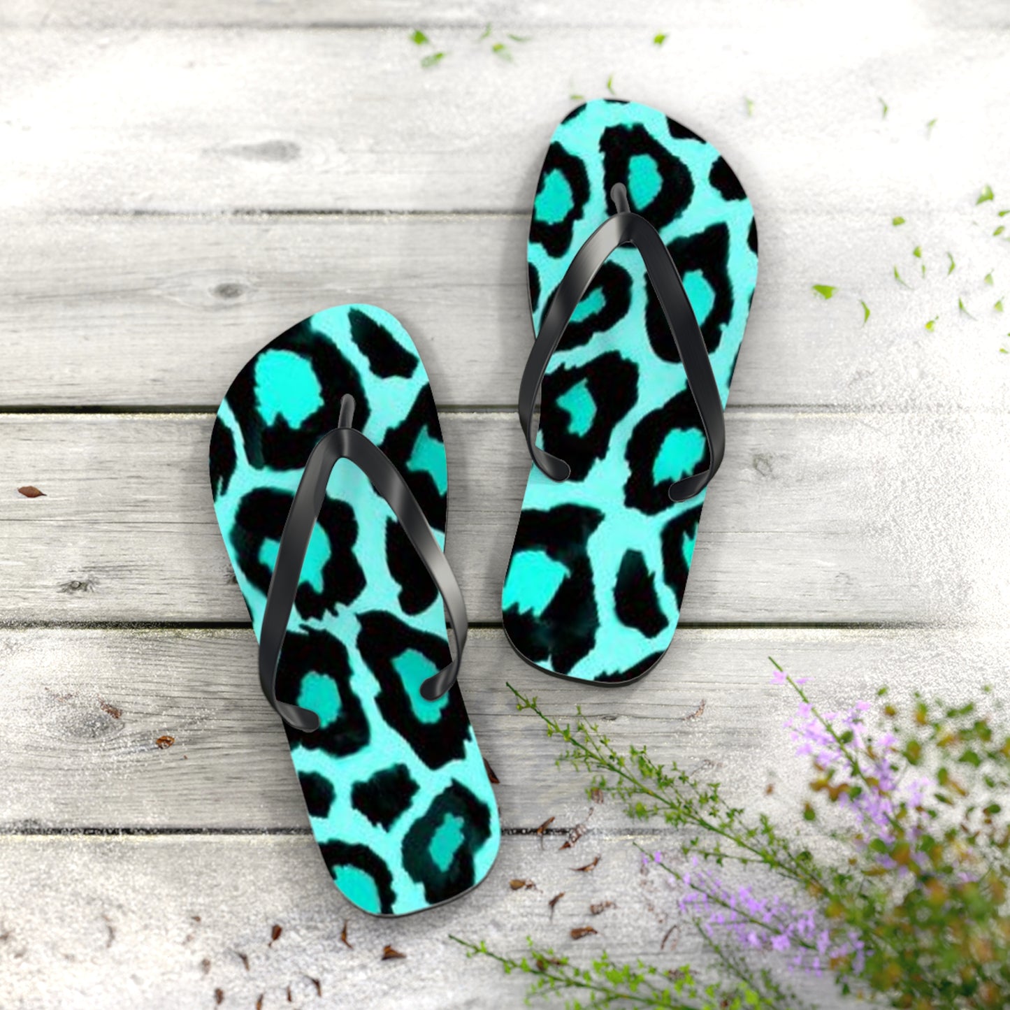 Turquoise Cheetah Beach Sandals, Slides for Summer, Flip Flops, Water Resistant