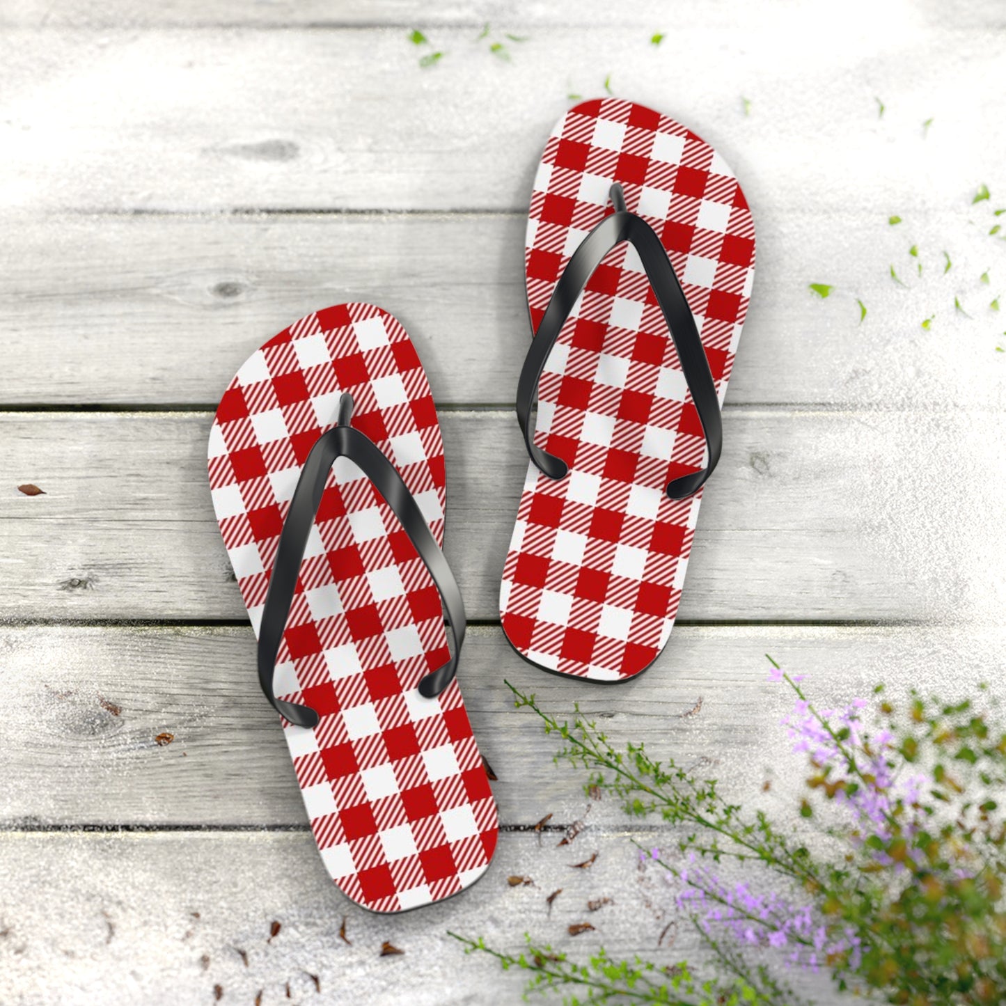 Red And White Checkered Sandals, Beach Shoes, Vacation Flip Flops, Pool Slides