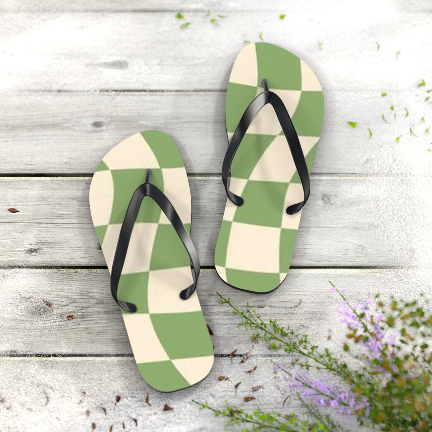 Checkered Wavy Green Sandals, Beach Shoes, Vacation Flip Flops, Pool Slides
