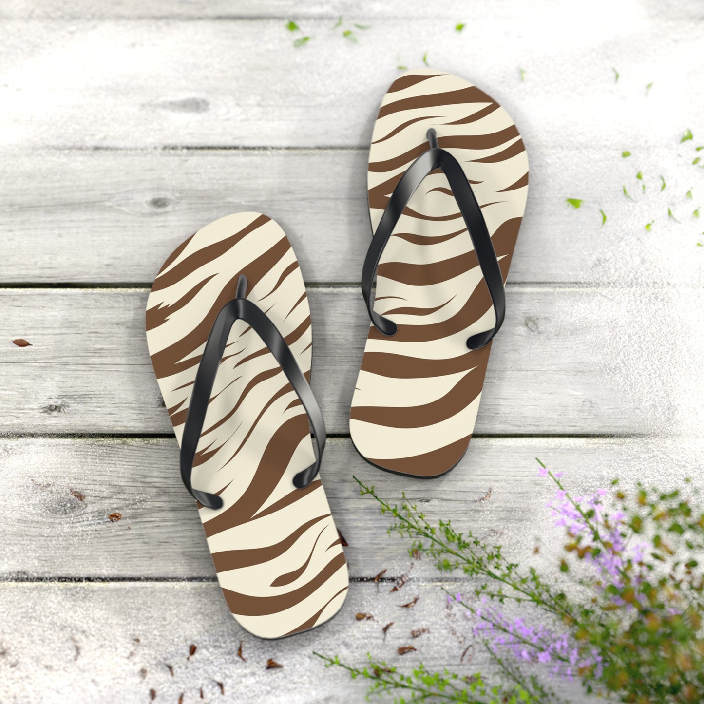 Brown Zebra Print Beach Sandals, Slides for Summer, Flip Flops, Water Resistant