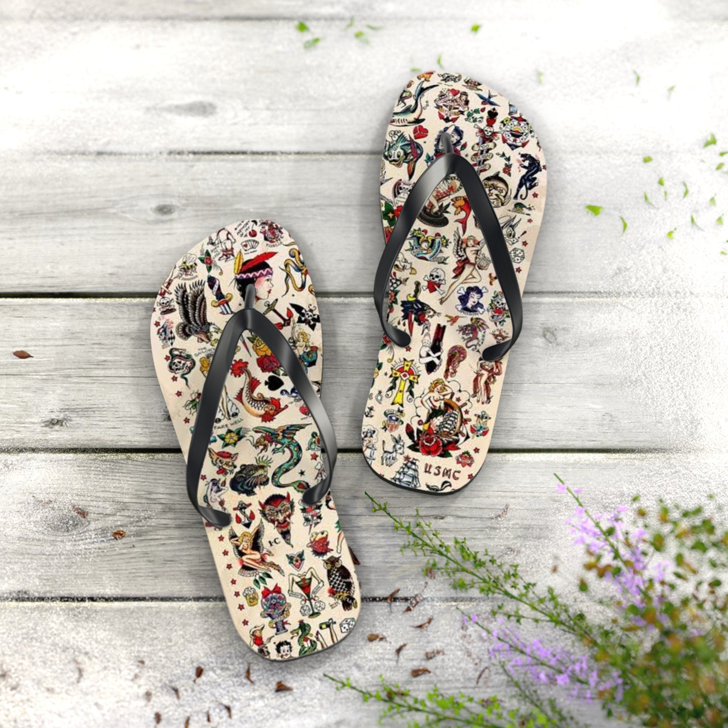 Sailor Jerry Tattoos Sandals, Beach Shoes, Vacation Flip Flops, Pool Slides