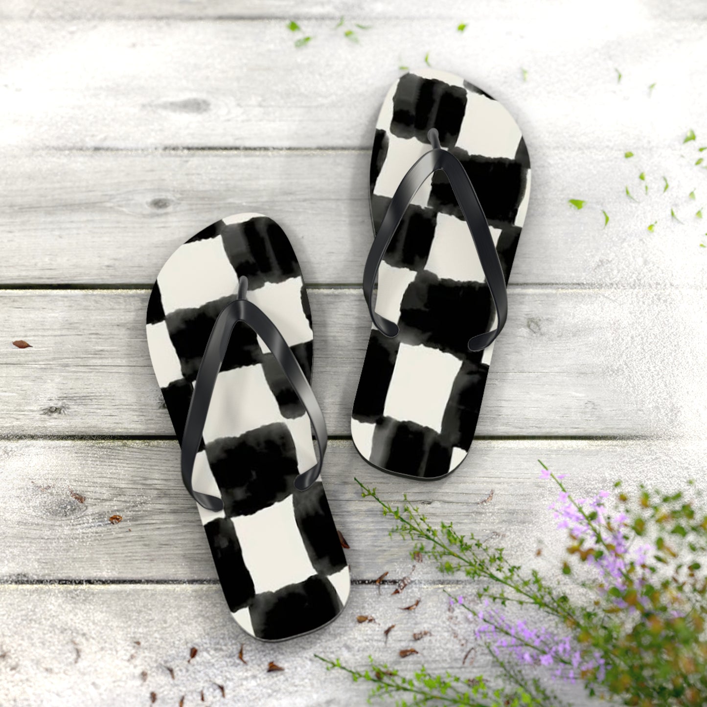 Checkered Black And White Sandals, Beach Shoes, Vacation Flip Flops, Pool Slides
