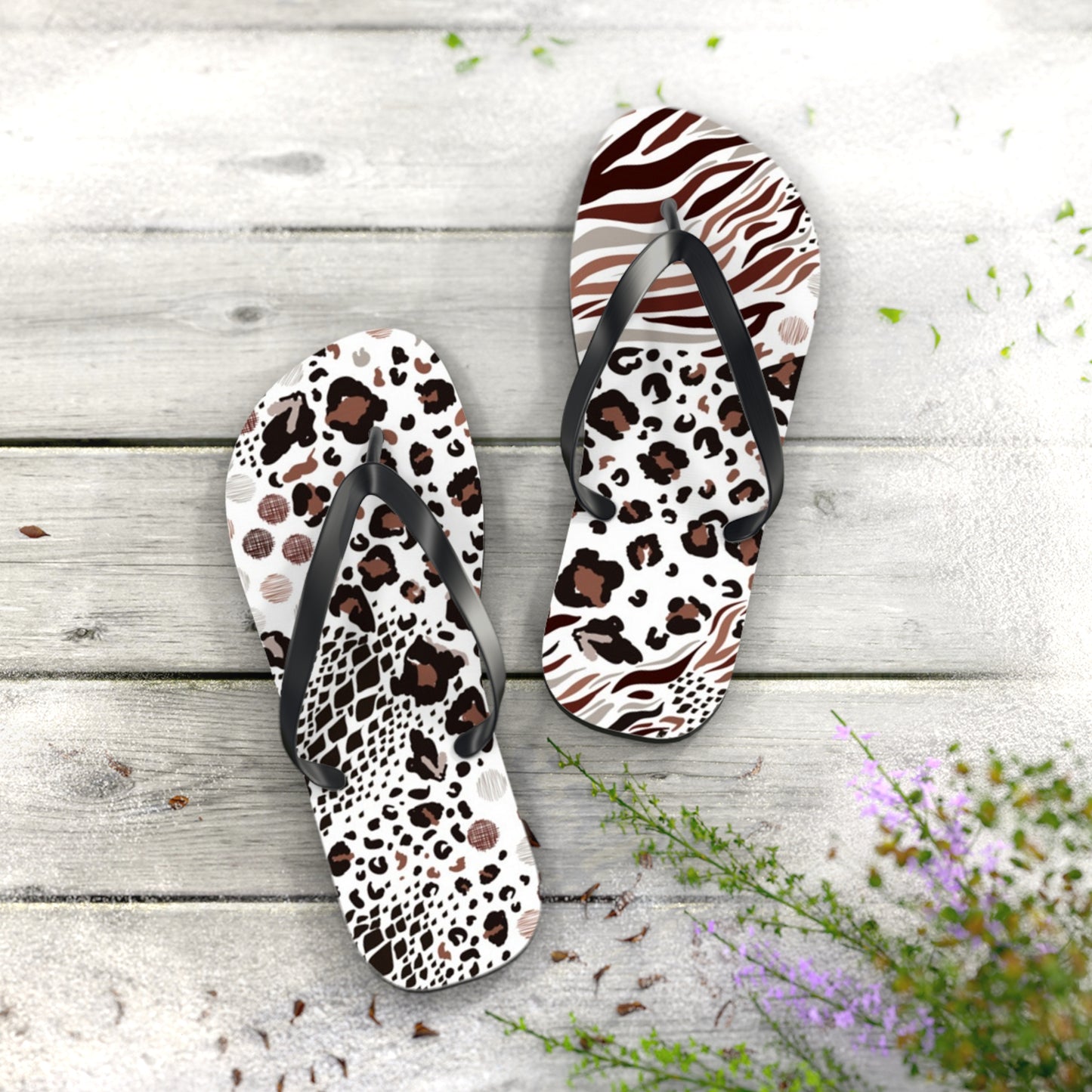 Mixed Animal Print Beach Sandals, Slides for Summer, Flip Flops, Water Resistant
