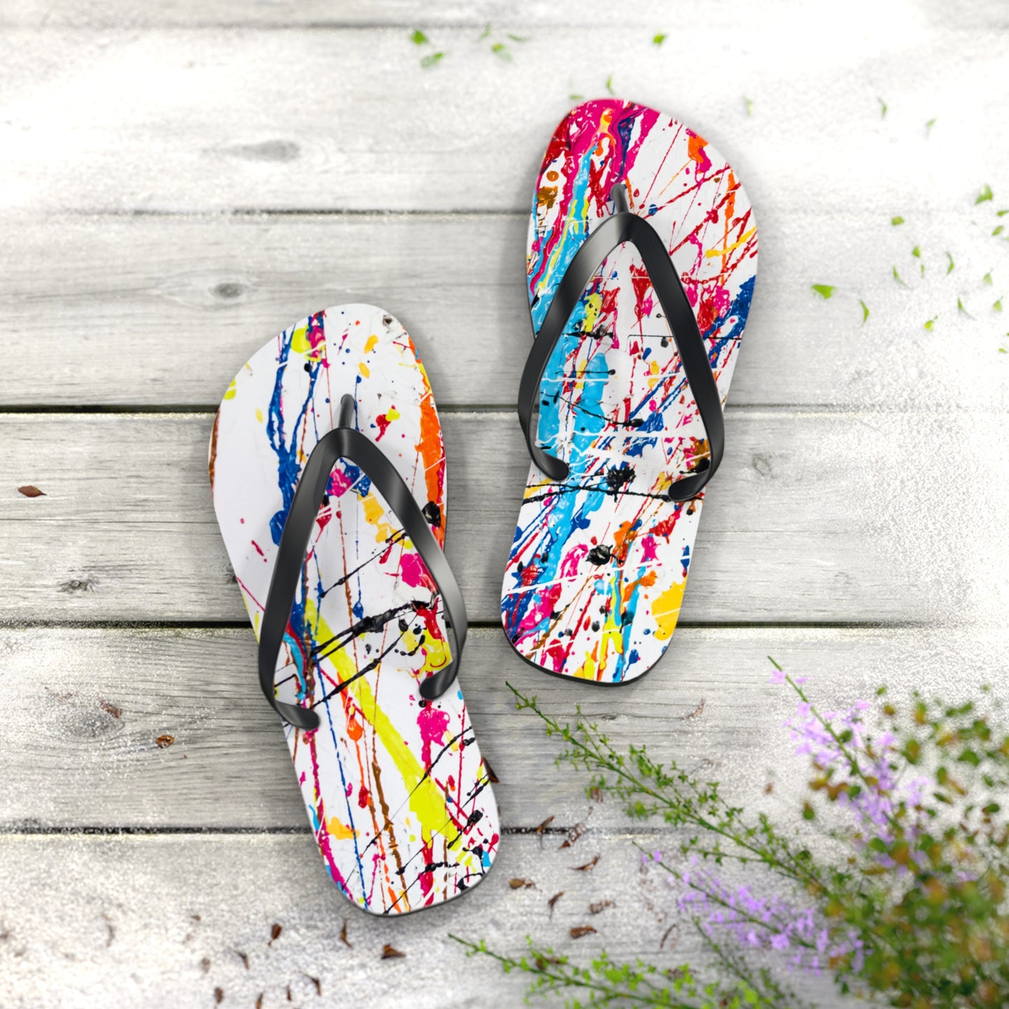 Waves And Sun Sandals Paint Splatter Summer Flip Flops Slides BRAND NEW
