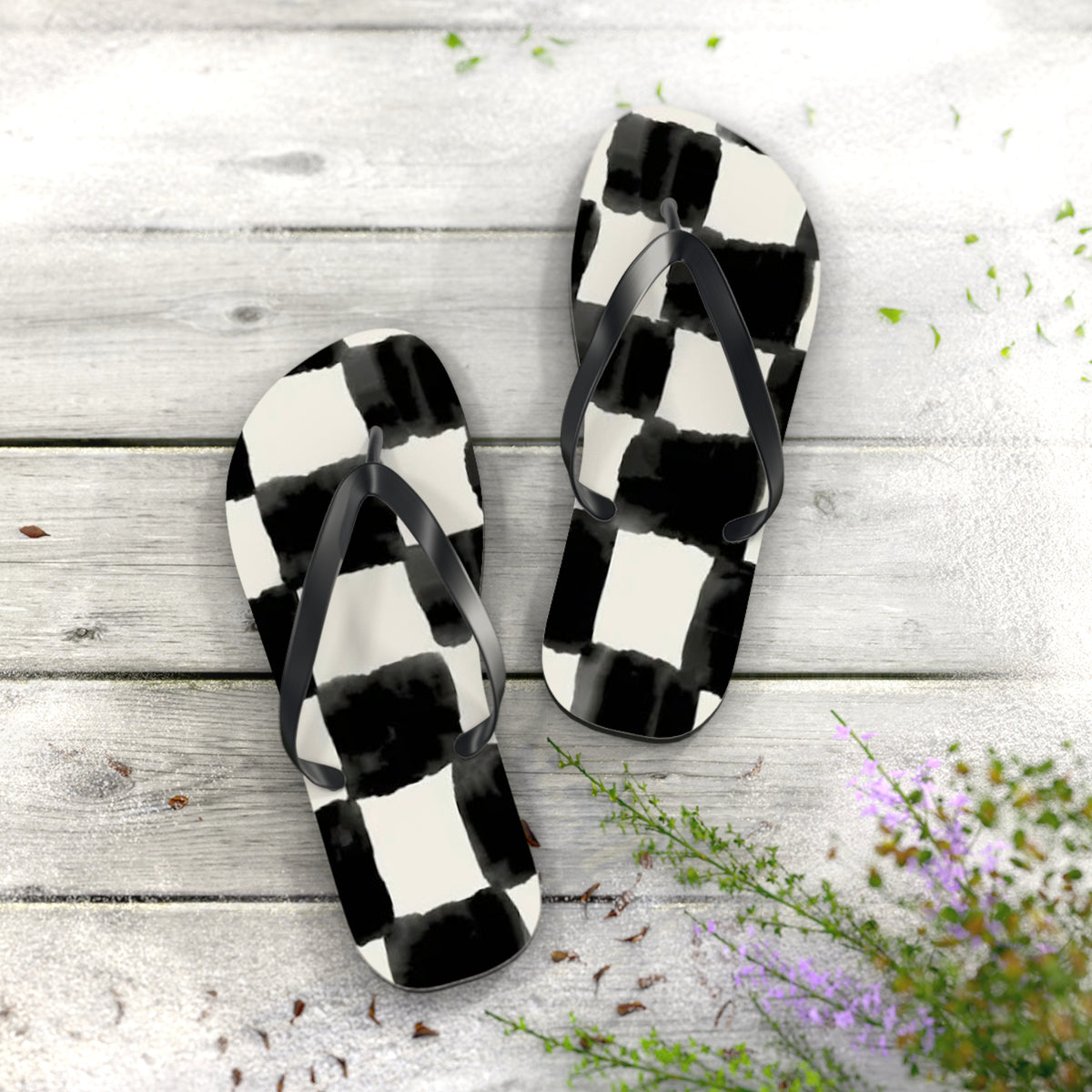 Checkered Black And White Sandals, Beach Shoes, Vacation Flip Flops, Pool Slides