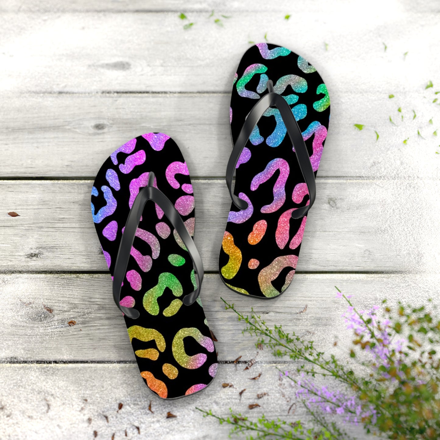 Glitter Cheetah Beach Sandals, Slides for Summer, Flip Flops, Water Resistant