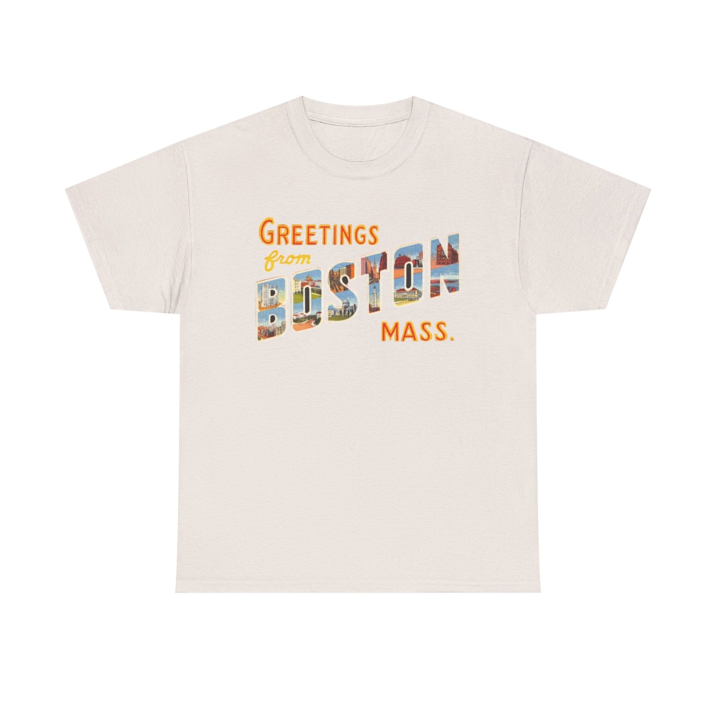 Boston T-shirt vintage postcard skyline retro Dunkin’s Unisex Heavy Cotton Tee