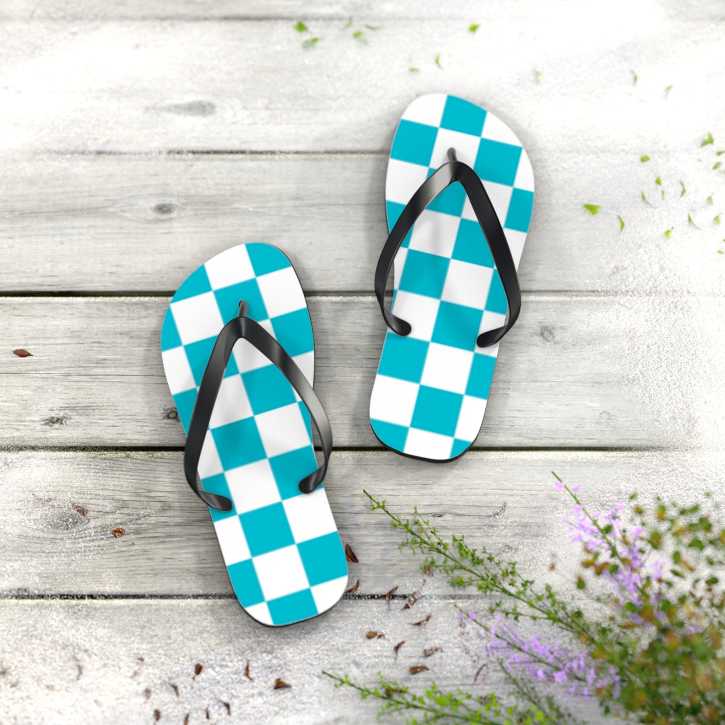 Turquoise Checkered  Sandals, Beach Shoes, Vacation Flip Flops, Pool Slides