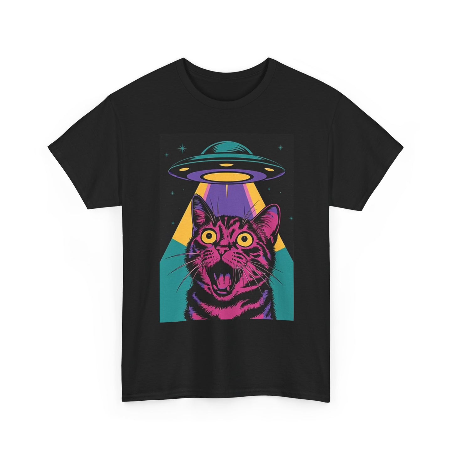 Space Kitty Graphic T Shirt Alien Abduction Unisex Heavy Cotton Tee