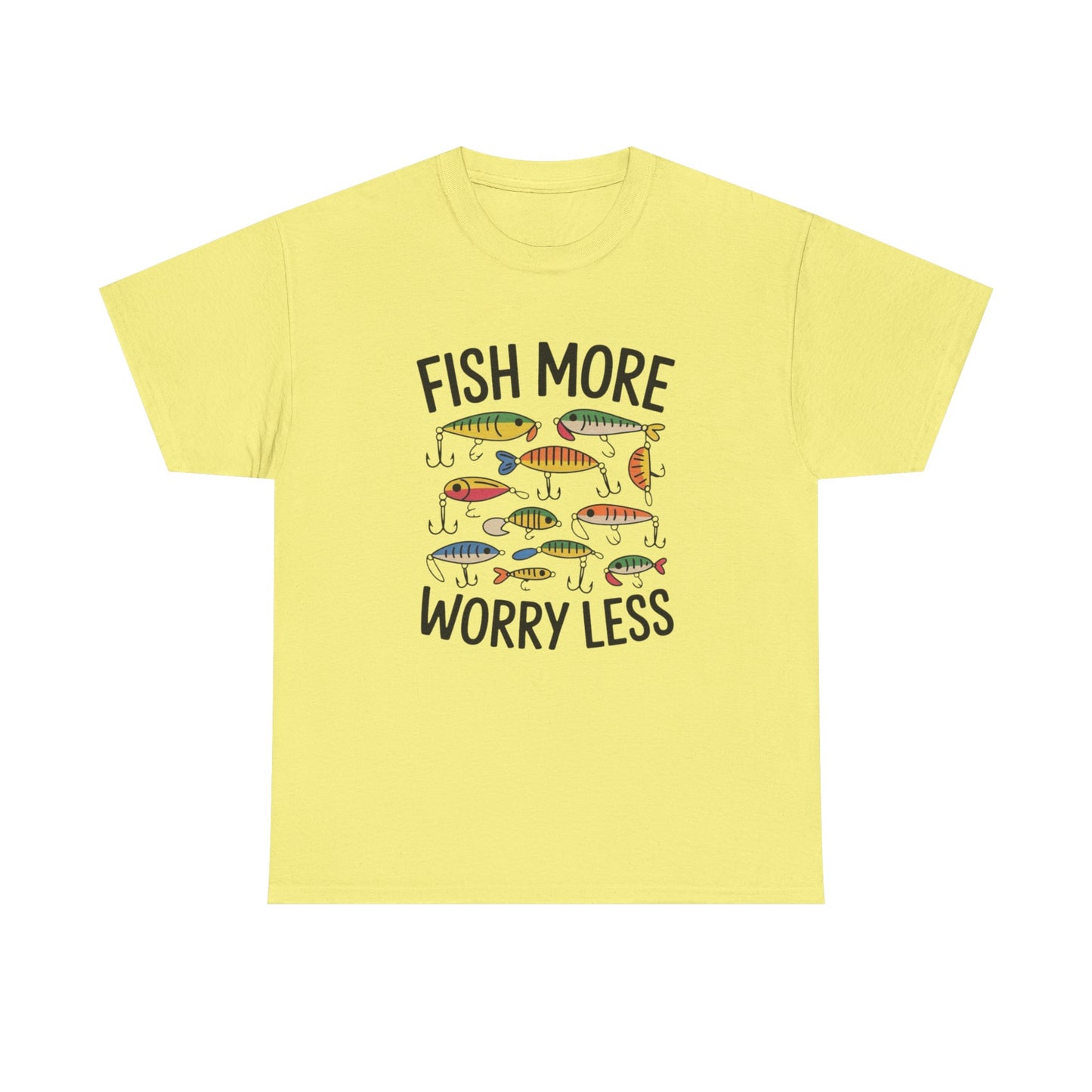 Fish More Worry Less Graphic T Shirt NEW Adult Unisex Heavy Cotton Tee
