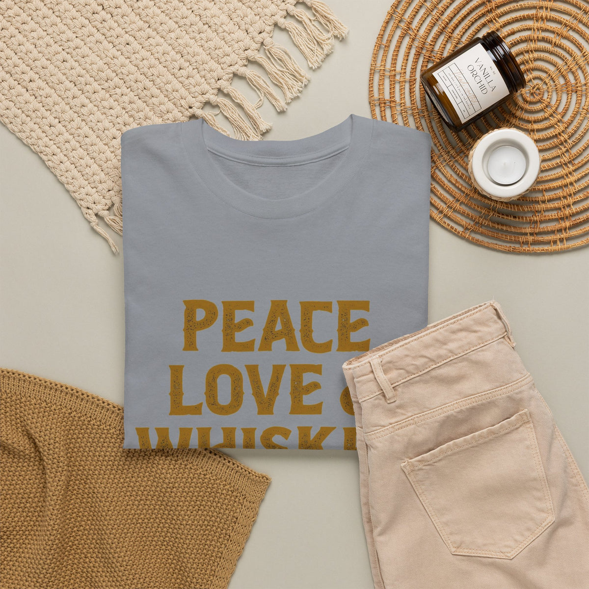 Peace Love And Whiskey Graphic T Shirt Men's Classic Heavy Cotton Tee