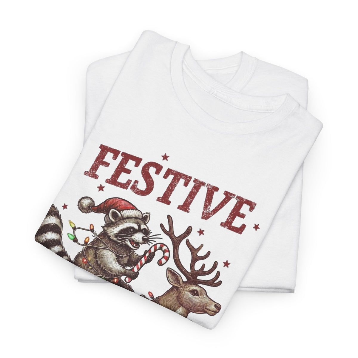 Festive but Feral Raccoon Riding Reindeer Christmas T-Shirt Men's Graphic Tee