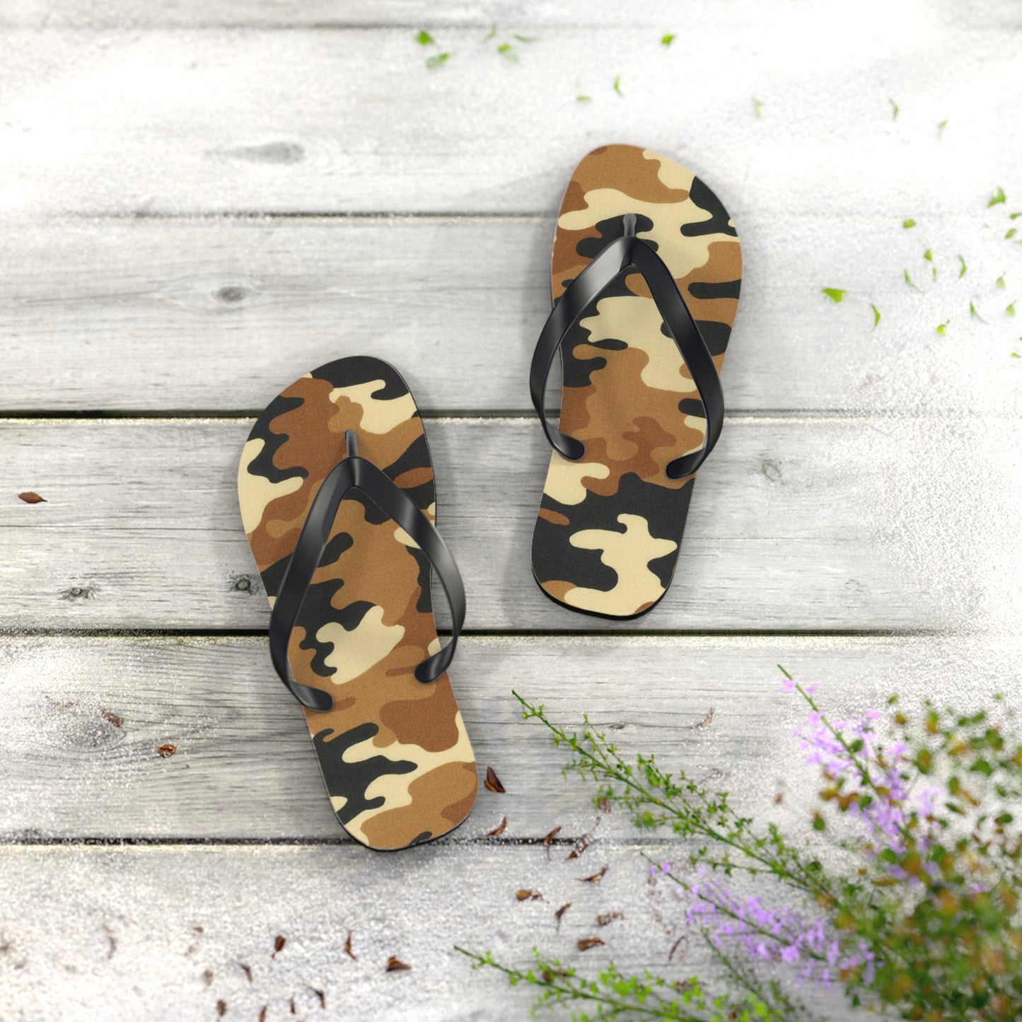 Waves And Sun Sandals Tan Camo Print Summer Flip Flops Slides BRAND NEW