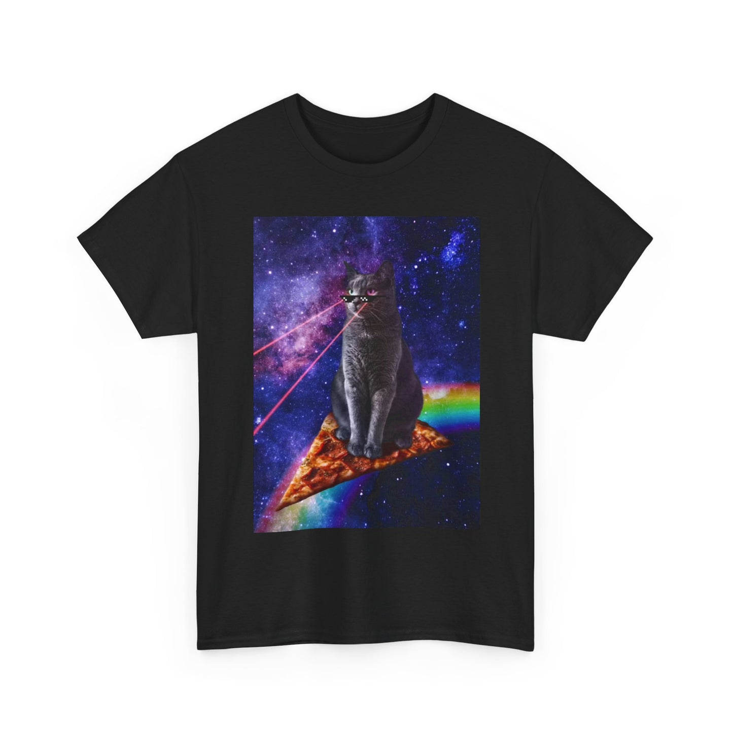 Funny Cat Flying In Space Tshirt Pizza Lazer Eyes Unisex Heavy Cotton Tee Comedy