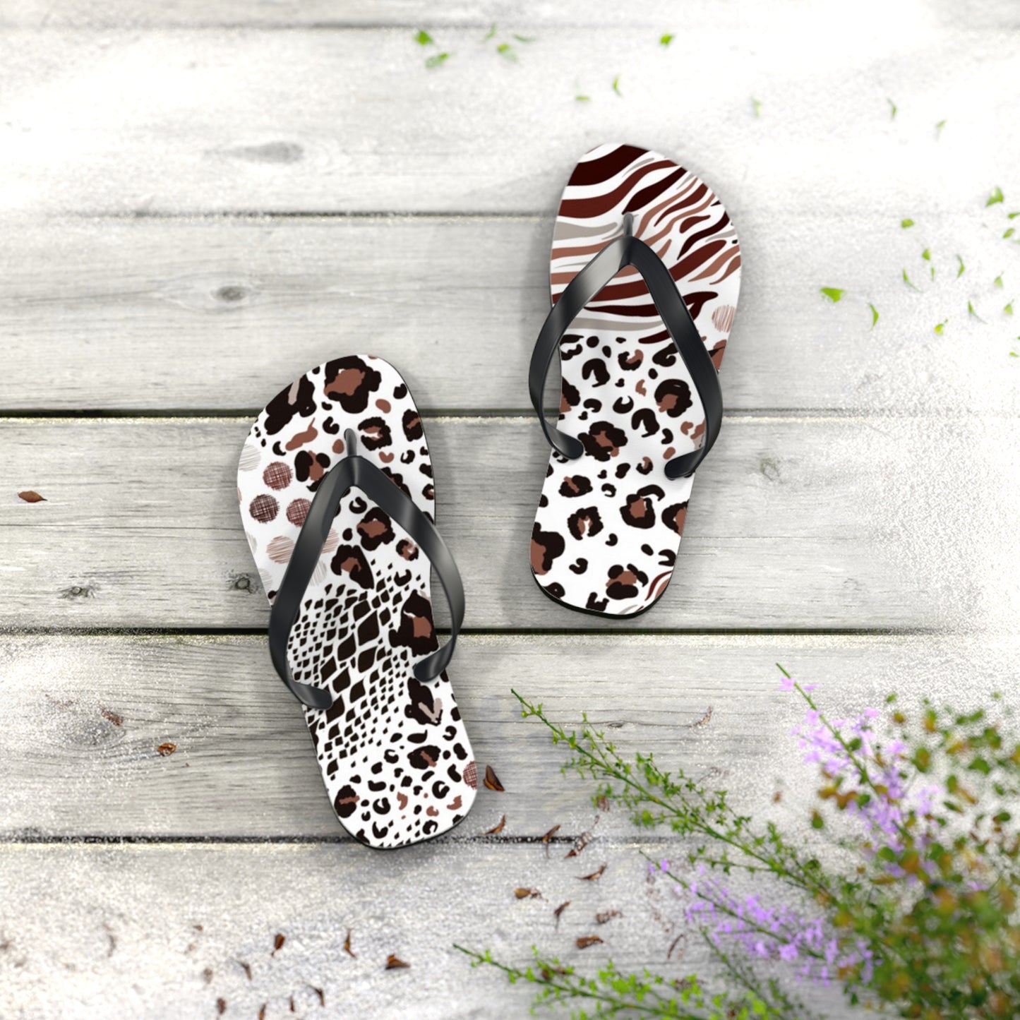 Mixed Animal Print Beach Sandals, Slides for Summer, Flip Flops, Water Resistant