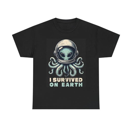 I Survived On Earth Graphic T Shirt Vintage Funny Retro Unisex Heavy Cotton Tee