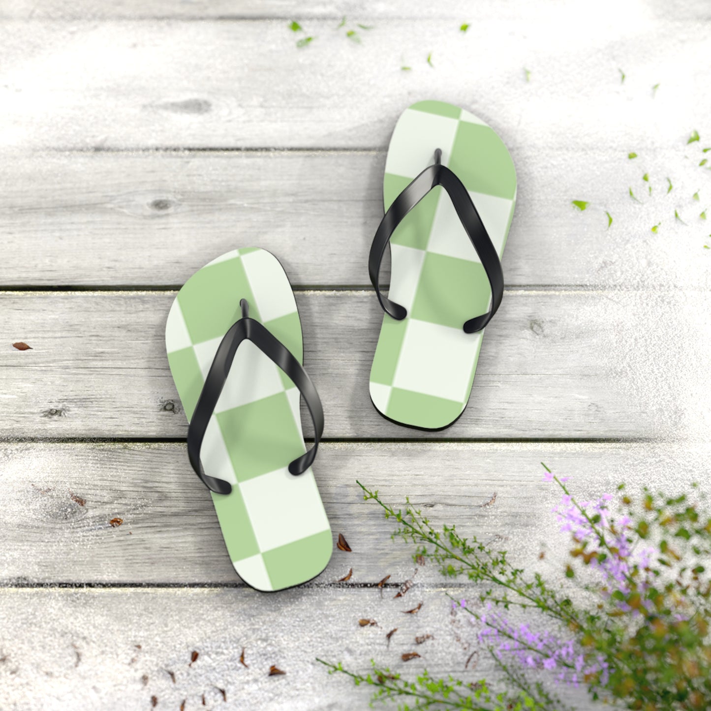 Green Checkered Sandals, Beach Shoes, Vacation Flip Flops, Pool Slides