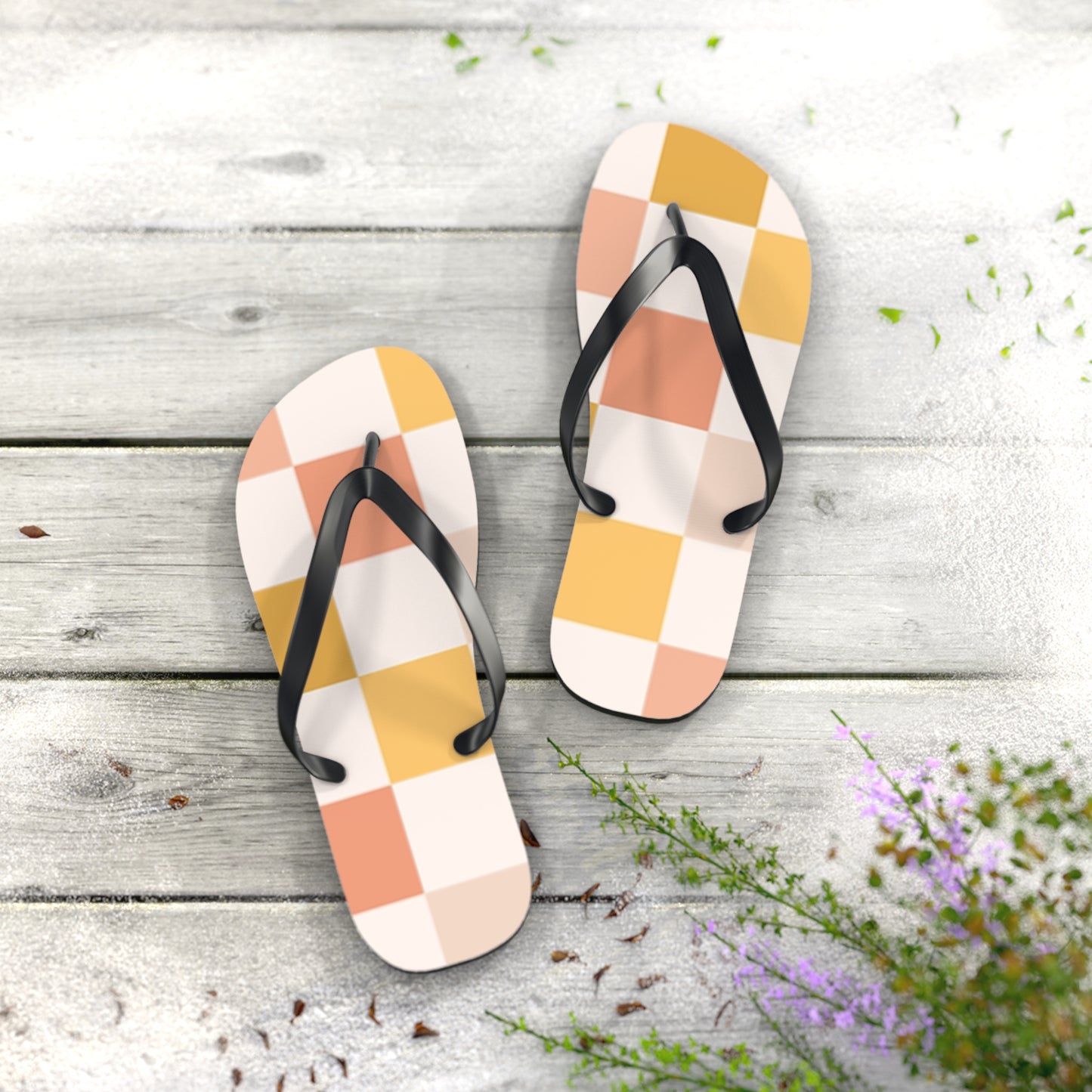 Peach Checkered Sandals, Beach Shoes, Vacation Flip Flops, Pool Slides