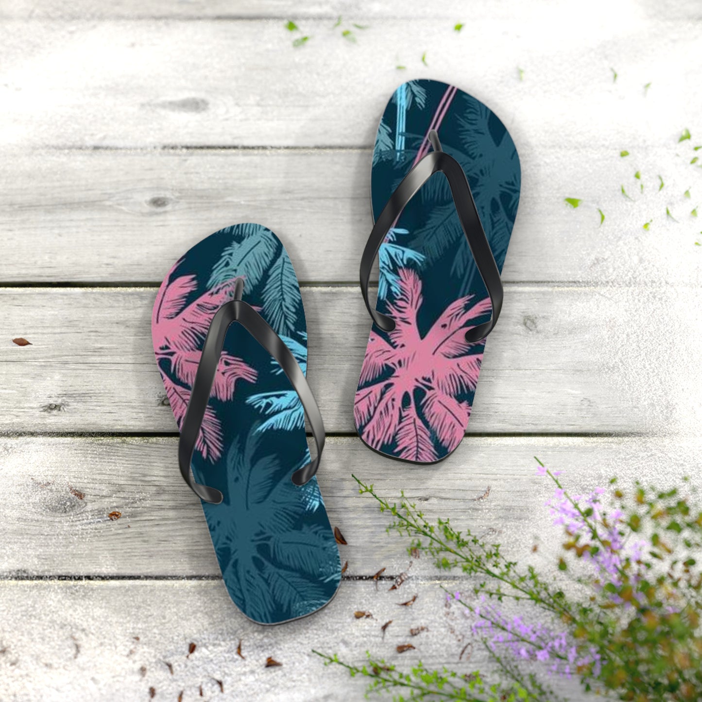 Pink And Blue Palm Trees Sandals Summer Flip Flops Slides BRAND NEW