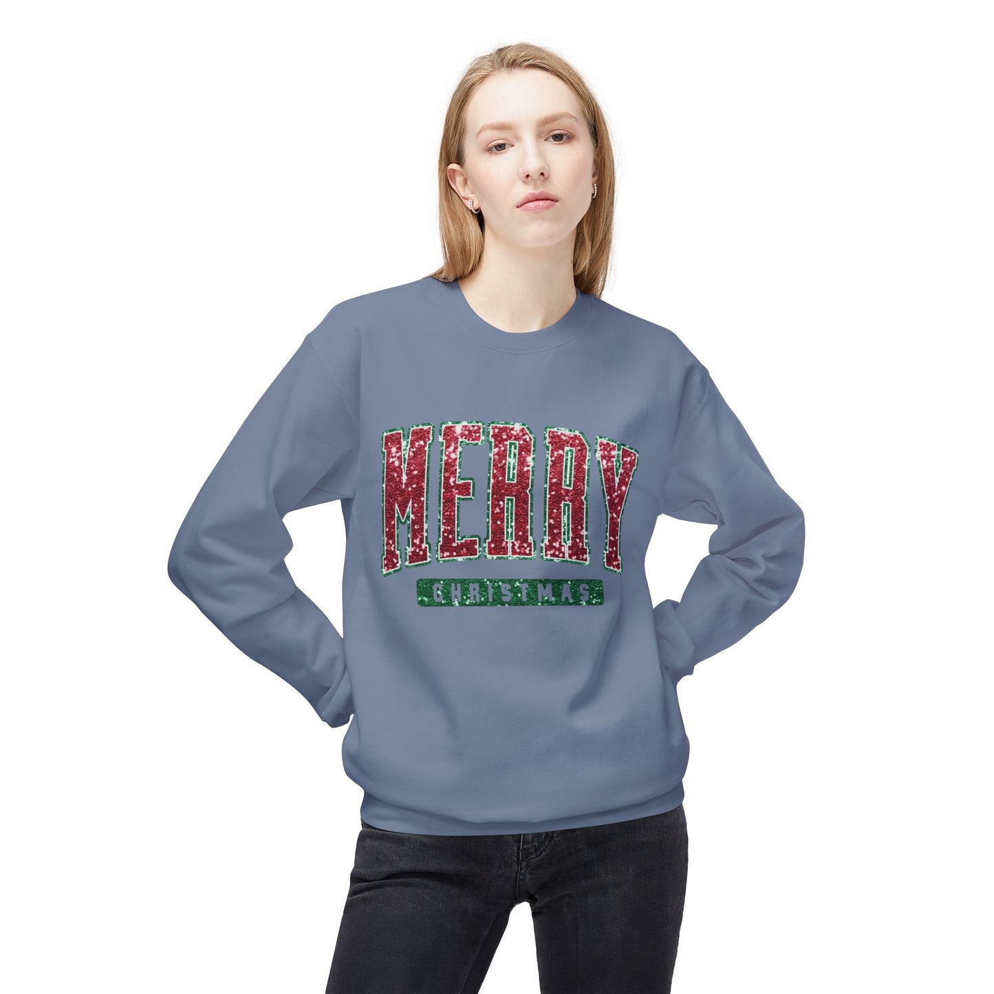 Merry Christmas Glitter Graphic Sweater NEW Unisex Fleece Crewneck Sweatshirt
