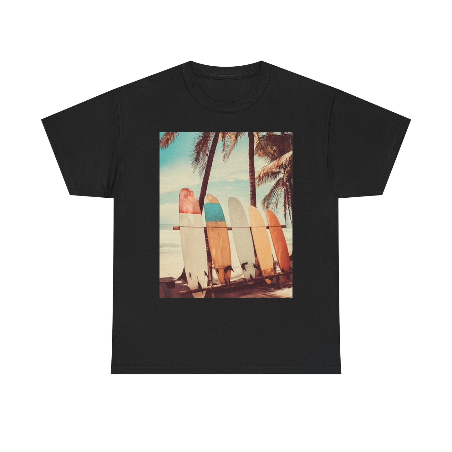 Surfboards On The Beach T Shirt Retro Graphic Unisex Heavy Cotton Tee