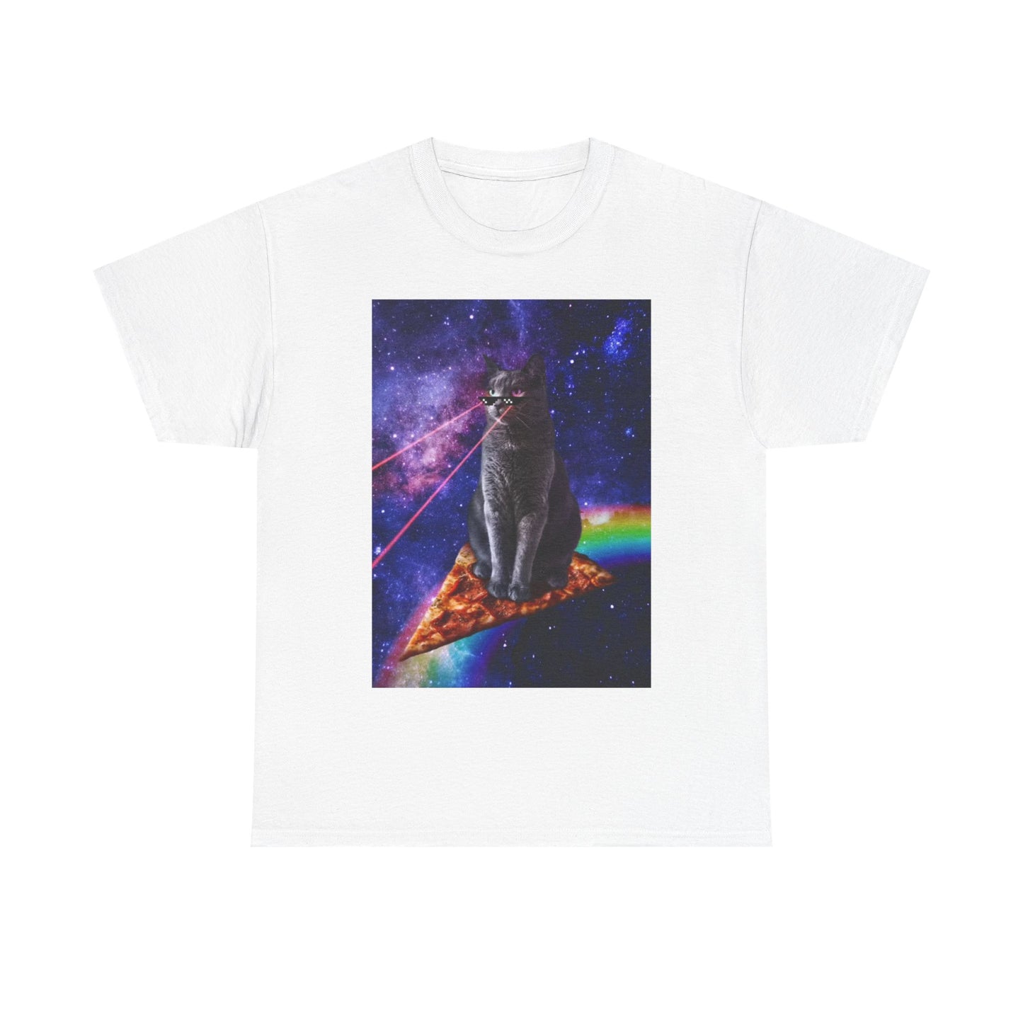 Funny Cat Flying In Space Tshirt Pizza Lazer Eyes Unisex Heavy Cotton Tee Comedy