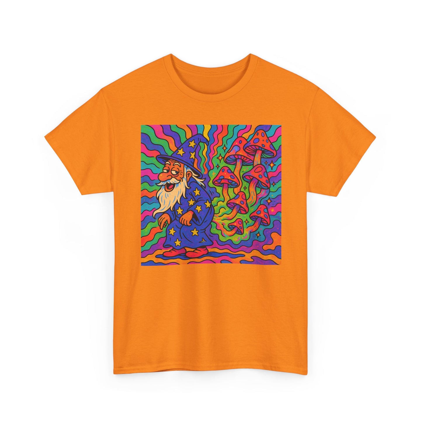 Wizard With Trippy Mushrooms Funny Graphic T Shirt Unisex Heavy Cotton Tee