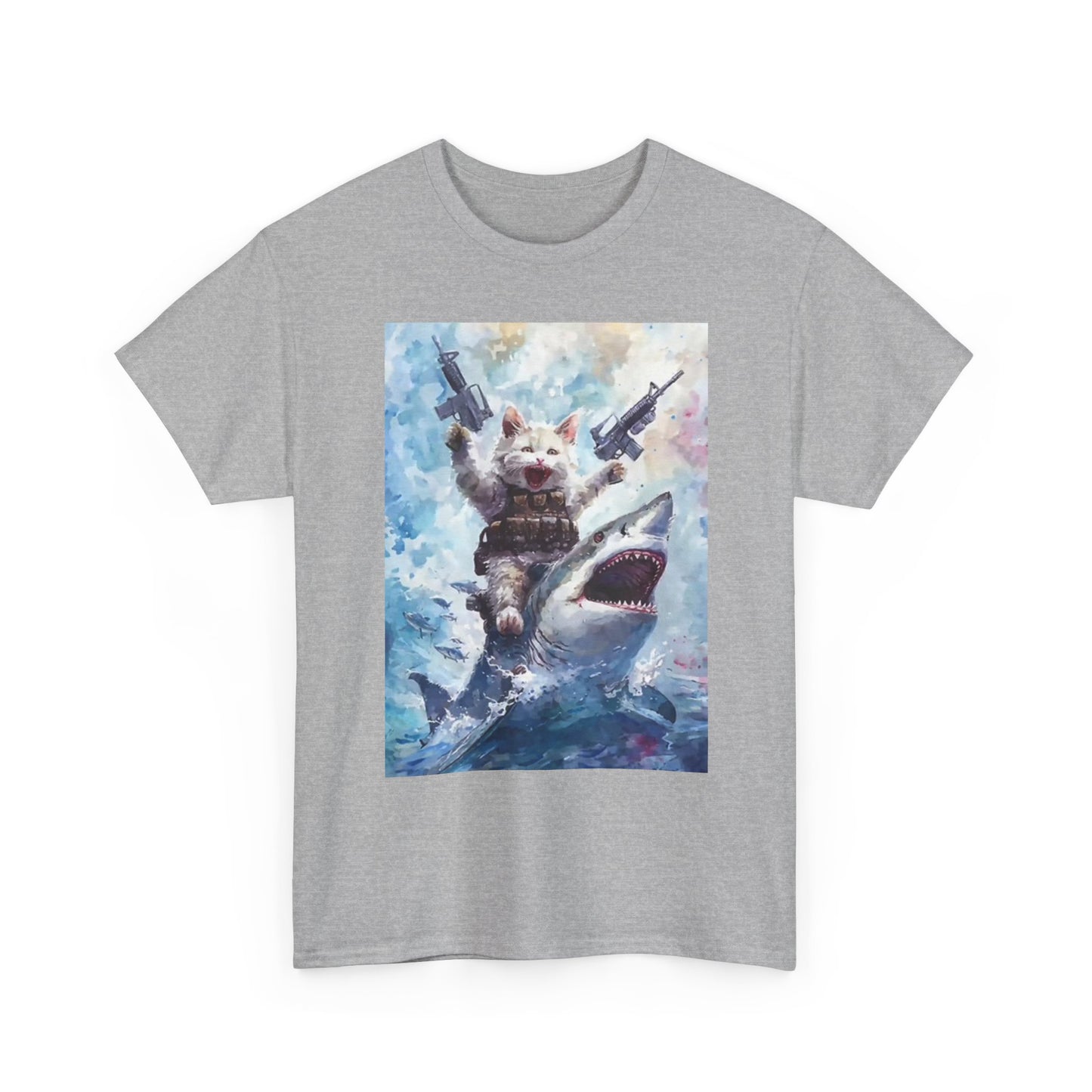Gangster Kitty On Shark Graphic T Shirt Funny Unisex Heavy Cotton Tee