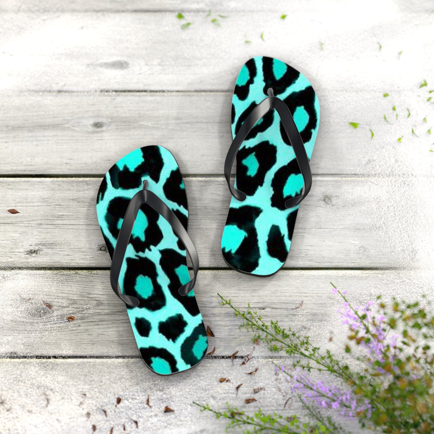 Turquoise Cheetah Beach Sandals, Slides for Summer, Flip Flops, Water Resistant