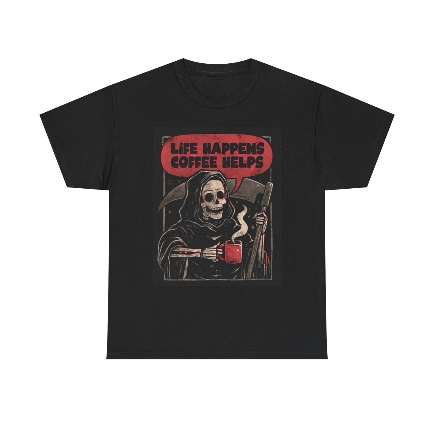Life Happens Coffee Helps Graphic T Shirt Retro Funny Unisex Heavy Cotton Tee