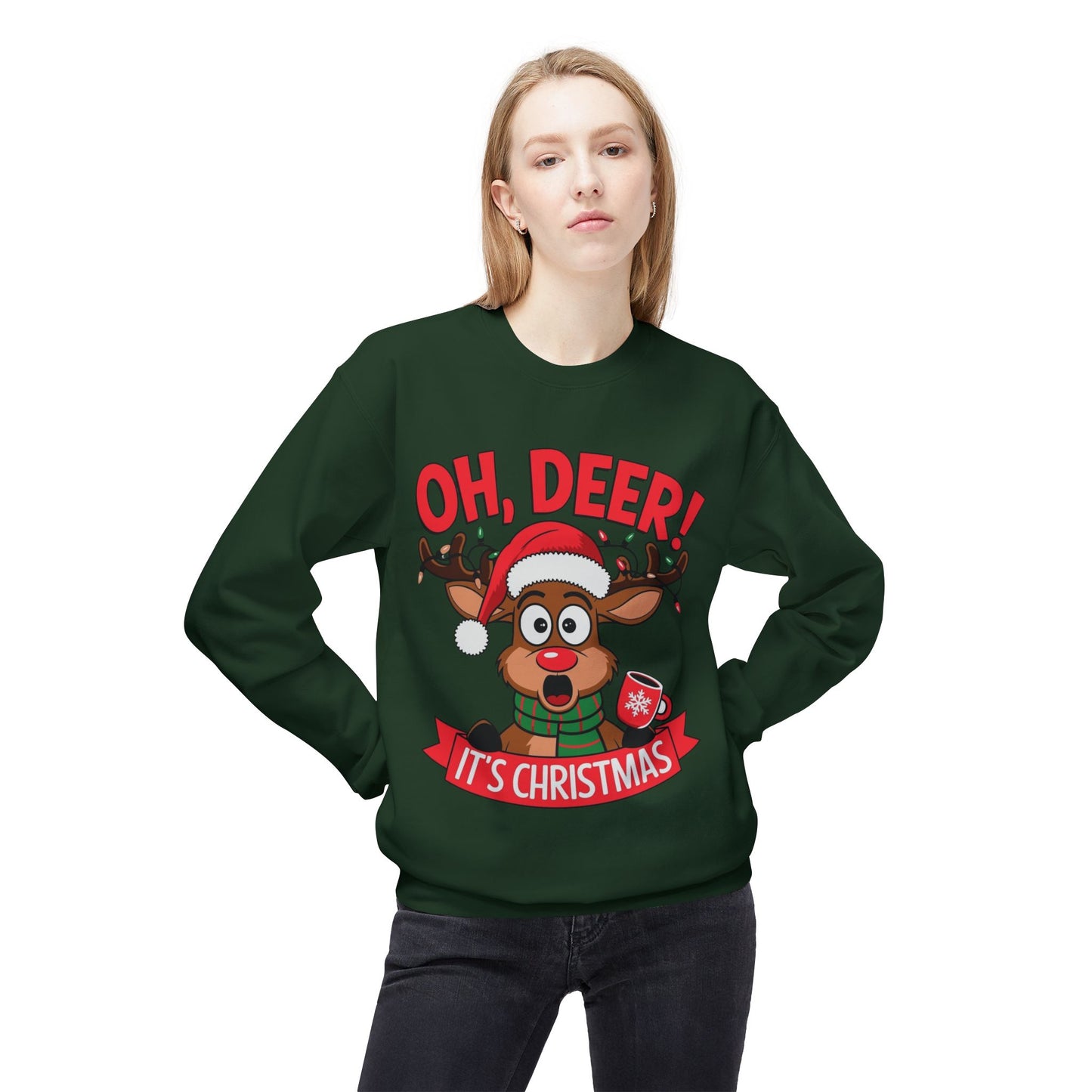 Oh Deer Its Christmas Unisex Midweight Softstyle Fleece Crewneck Sweatshirt