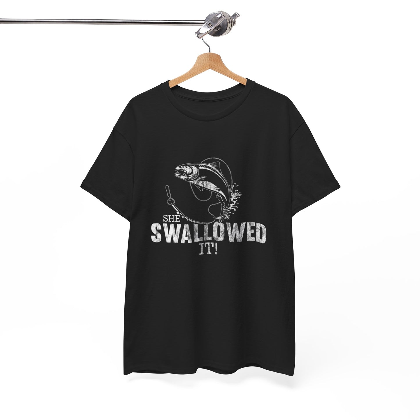 Funny Fishing She Swallowed It Graphic T Shirt NEW ADULT Unisex Heavy Cotton Tee