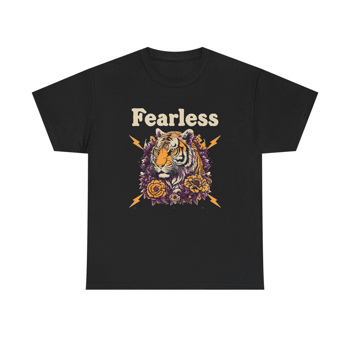Fearless Tiger Retro Art Flowers Graphic T Shirt Regular Men's Heavy Cotton Tee