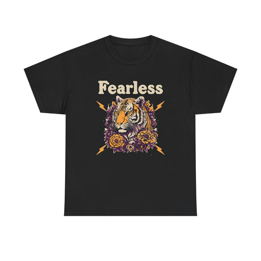 Fearless Tiger Retro Art Flowers Graphic T Shirt Regular Men's Heavy Cotton Tee