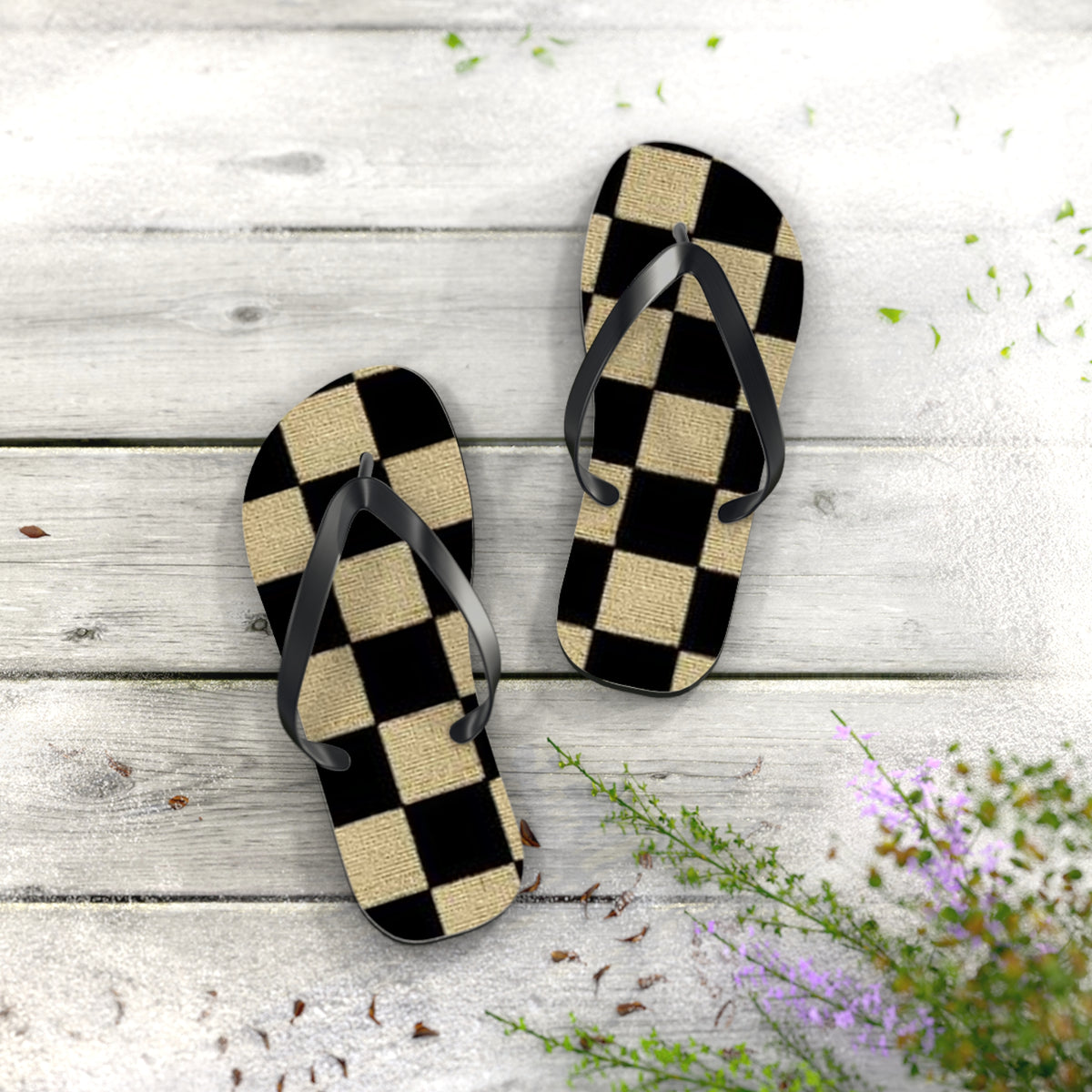 Black And Tan Checkered Beach Sandals, Slides for Summer, Flip Flops