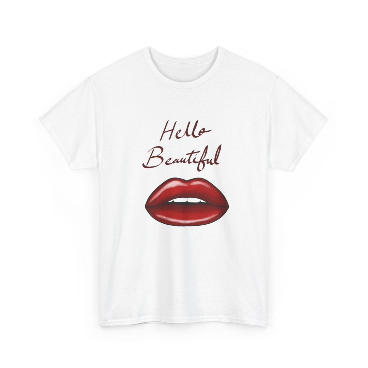 Hello Beautiful Graphic T Shirt Red Lips  Unisex Heavy Cotton Tee