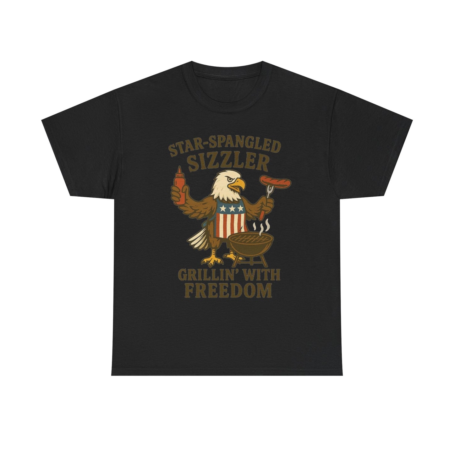 Grilling With Freedom American Flag T Shirt USA Bald Eagle Unisex Heavy Cotton