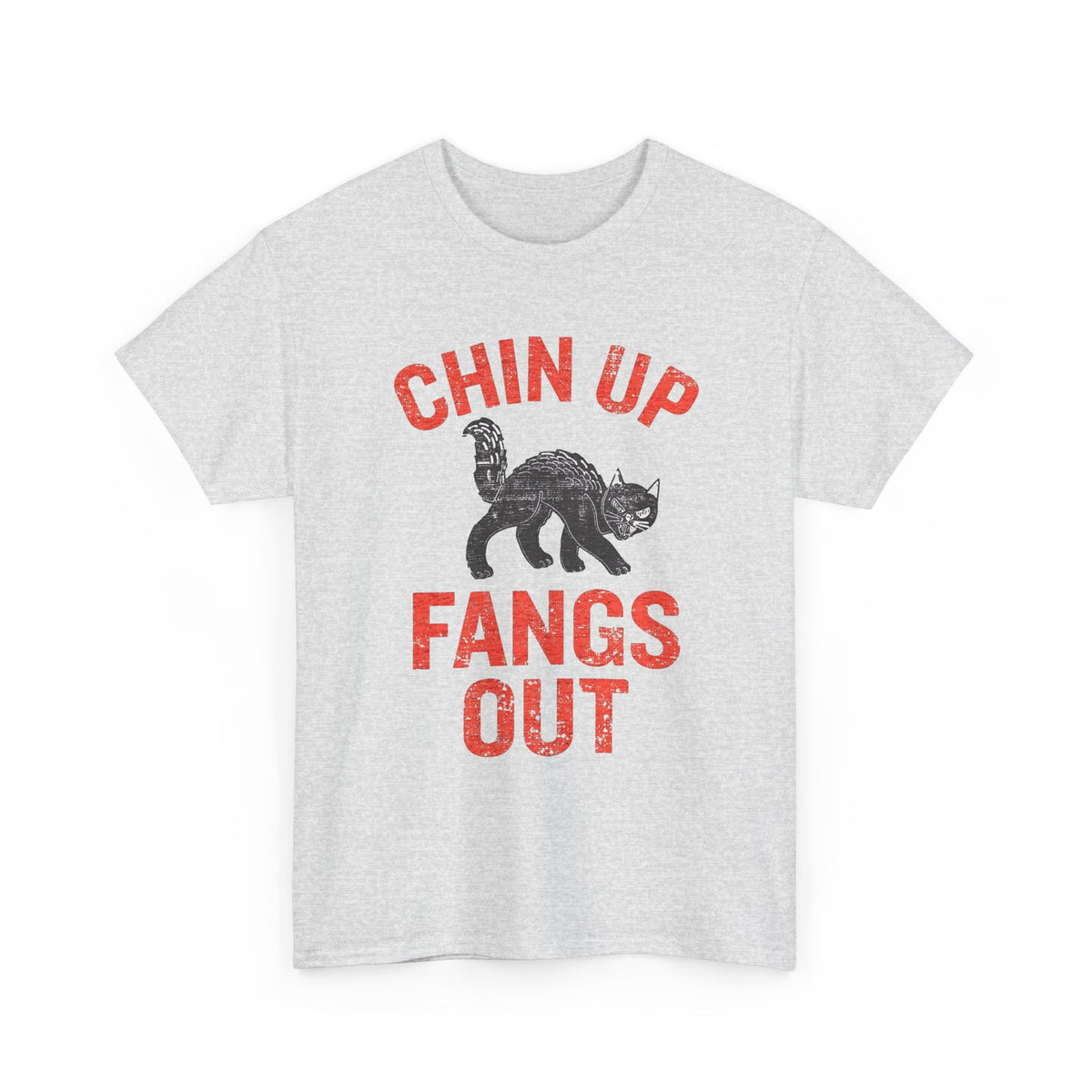 Chin Up Fangs Out Graphic T Shirt Men's Retro Cat Heavy Cotton Tee