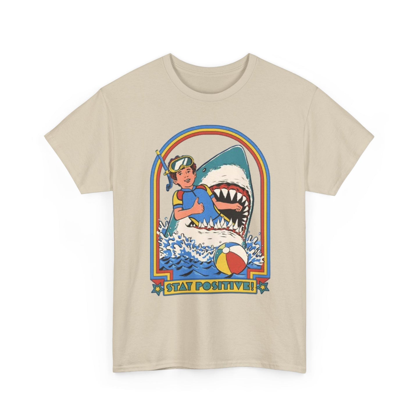 Stay Positive Funny Shark Attack Graphic T Shirt NEW Unisex Heavy Cotton Tee