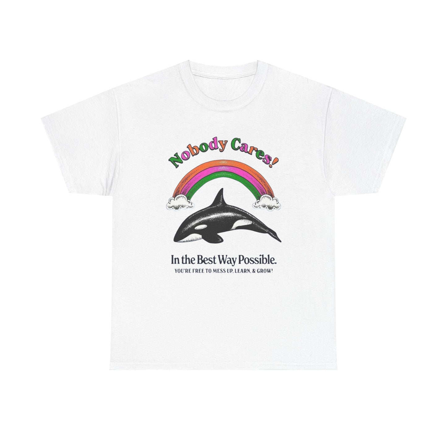 Nobody Cares Whale Rainbow Graphic T-Shirt Unisex Heavy Cotton Tee Gift