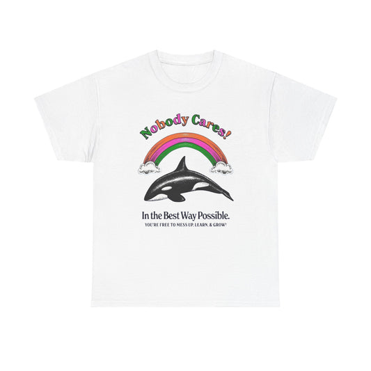Nobody Cares Whale Rainbow Graphic T-Shirt Unisex Heavy Cotton Tee Gift