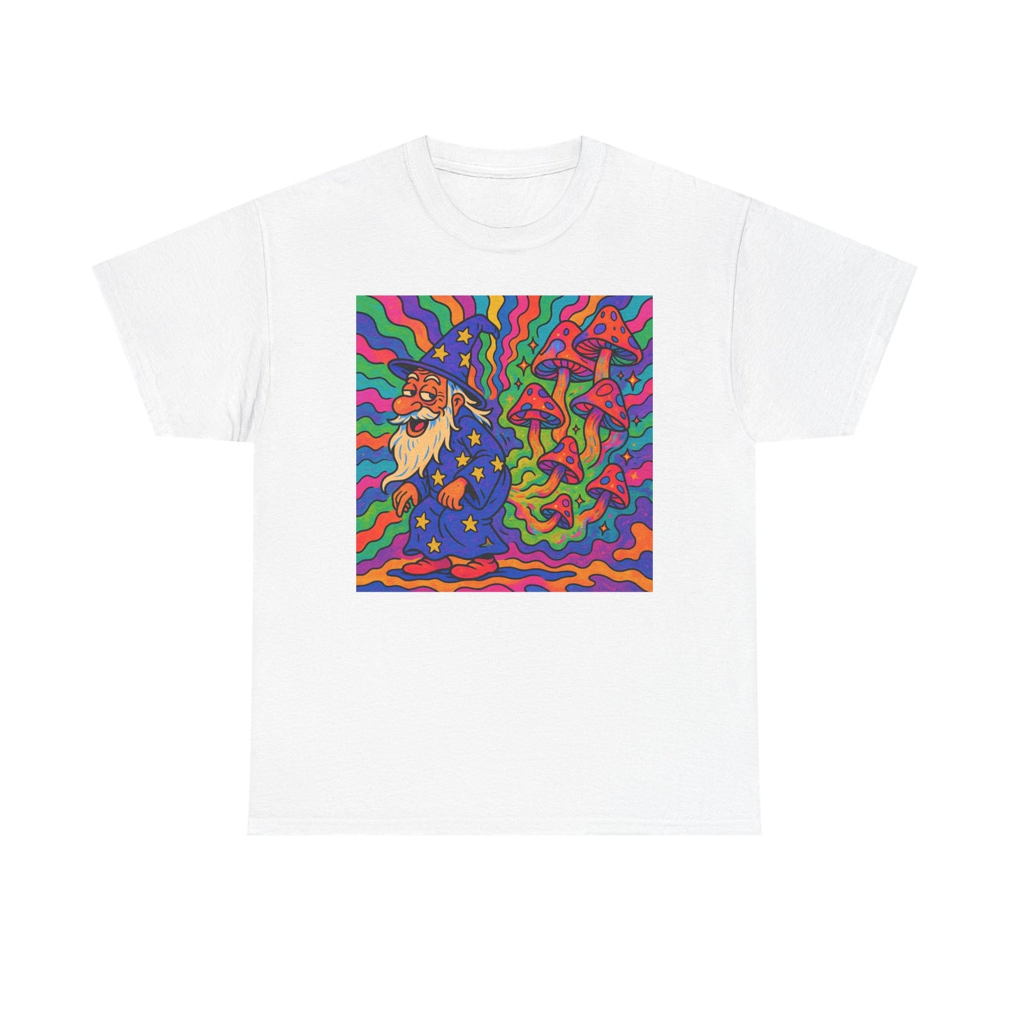 Wizard With Trippy Mushrooms Funny Graphic T Shirt Unisex Heavy Cotton Tee