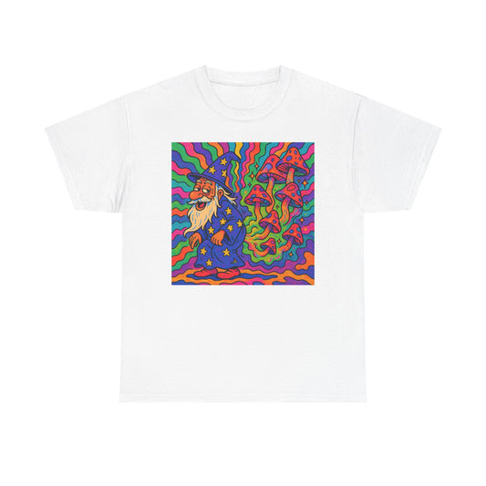Wizard With Trippy Mushrooms Funny Graphic T Shirt Unisex Heavy Cotton Tee