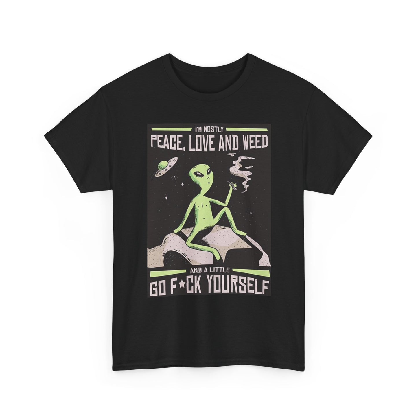 Peace love And Weed T Shirt Funny Alien Graphic Unisex Heavy Cotton Tee